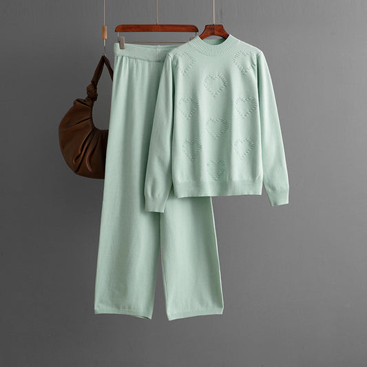 Women Casual Solid Color Long Sleeve Sweater and Pants Set