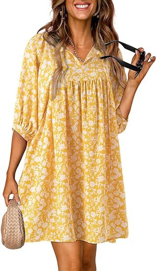 Women Fashion Casual Boho Floral Printed V-Neck Lantern Sleeve Dress