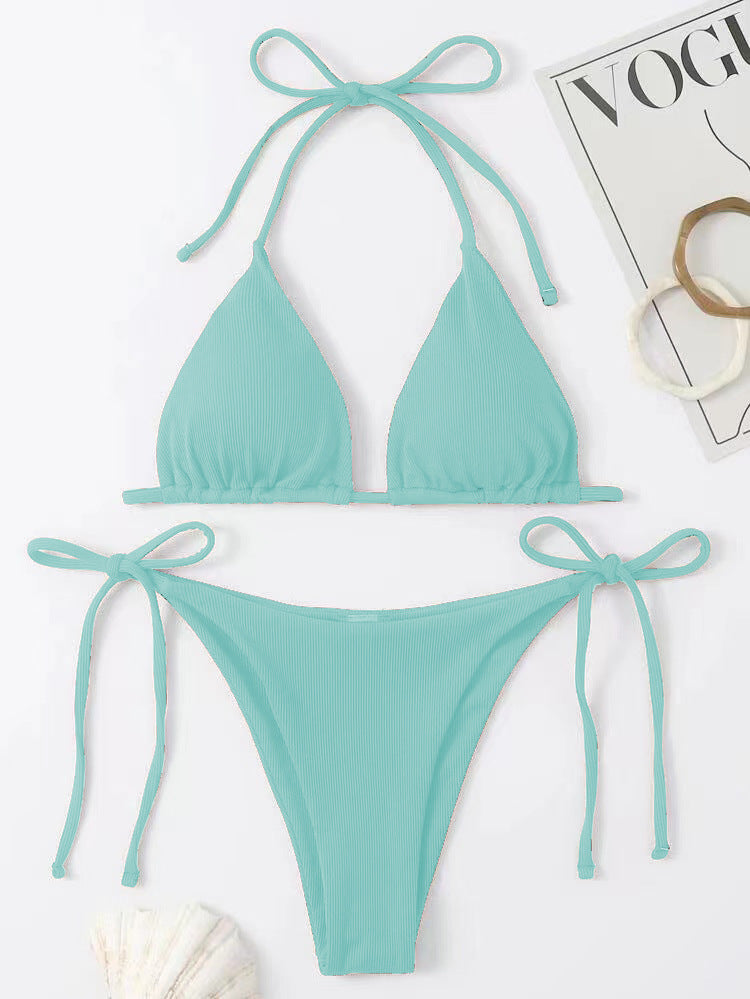 Conjunto de bikini sexy con tirantes finos de color liso para mujer de verano