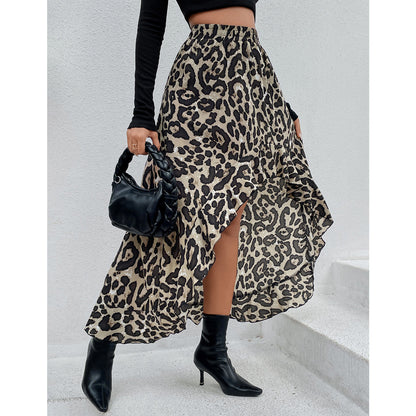 Women Fashion Leopard Print Irregular Hem Skirt