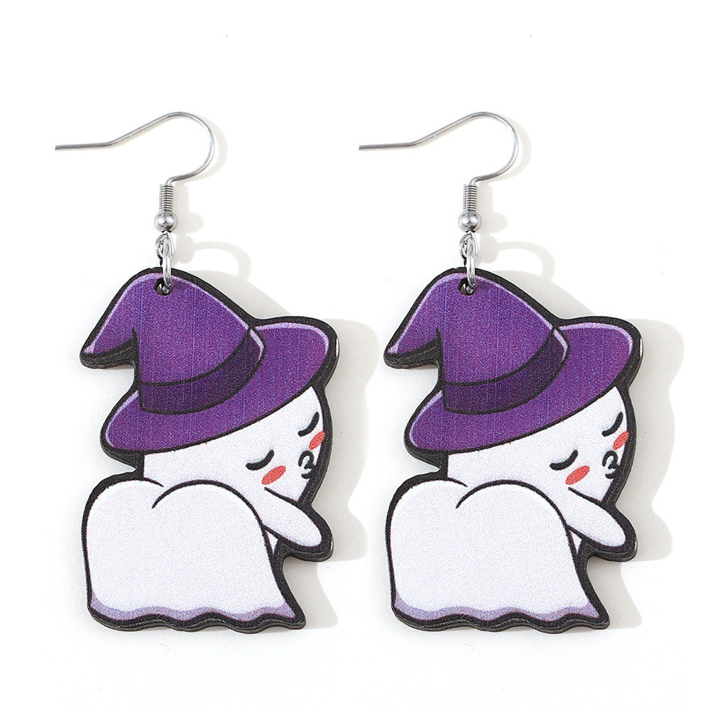 Halloween Women Double-Sided Wooden Earrings with Cartoon Creatures