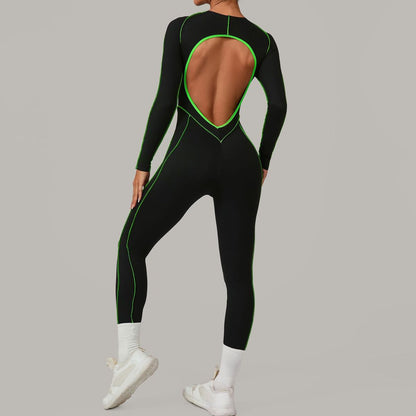 Combinaison de yoga dos nu à manches longues et couleurs assorties pour femmes