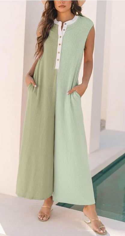 Women Fashion Casual Colorblock Sleeveless Jumpsuit