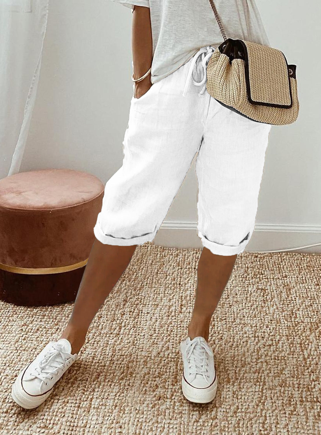 Pantalones casuales de lino y algodón de color liso a la moda para mujer