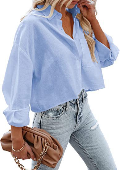 Blusa corta informal de algodón de manga larga de color liso para mujer