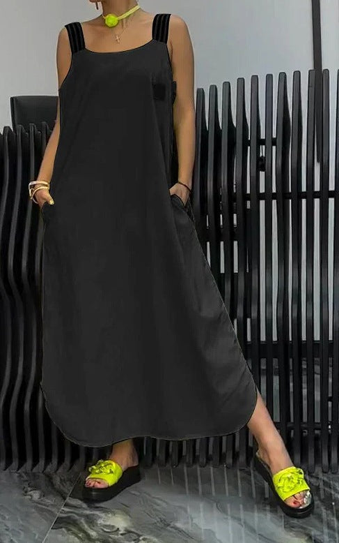 Vestido informal de algodón y lino de color liso para mujer