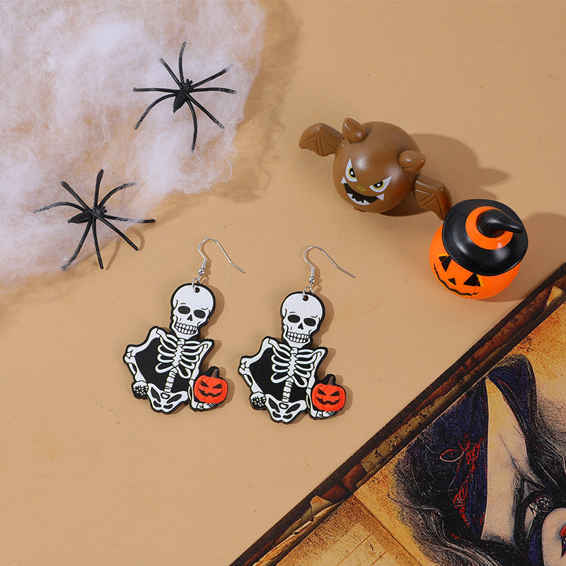 Halloween Women Cartoon Funny Wood Earrings with Spider Bat Ghost Pumpkin