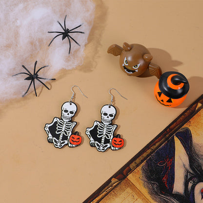 Halloween Women Cartoon Funny Wood Earrings with Spider Bat Ghost Pumpkin