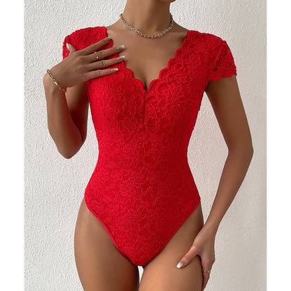 Body dos nu en dentelle couleur unie à décolleté en V profond pour femme
