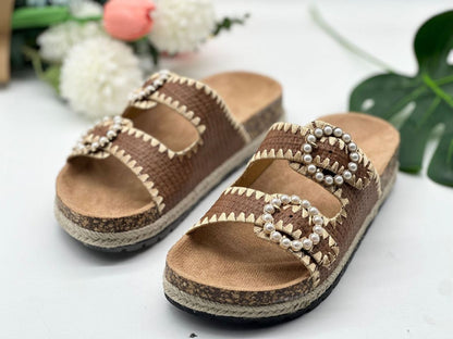 Pantuflas casuales de vacaciones con doble hebilla de perla para mujer