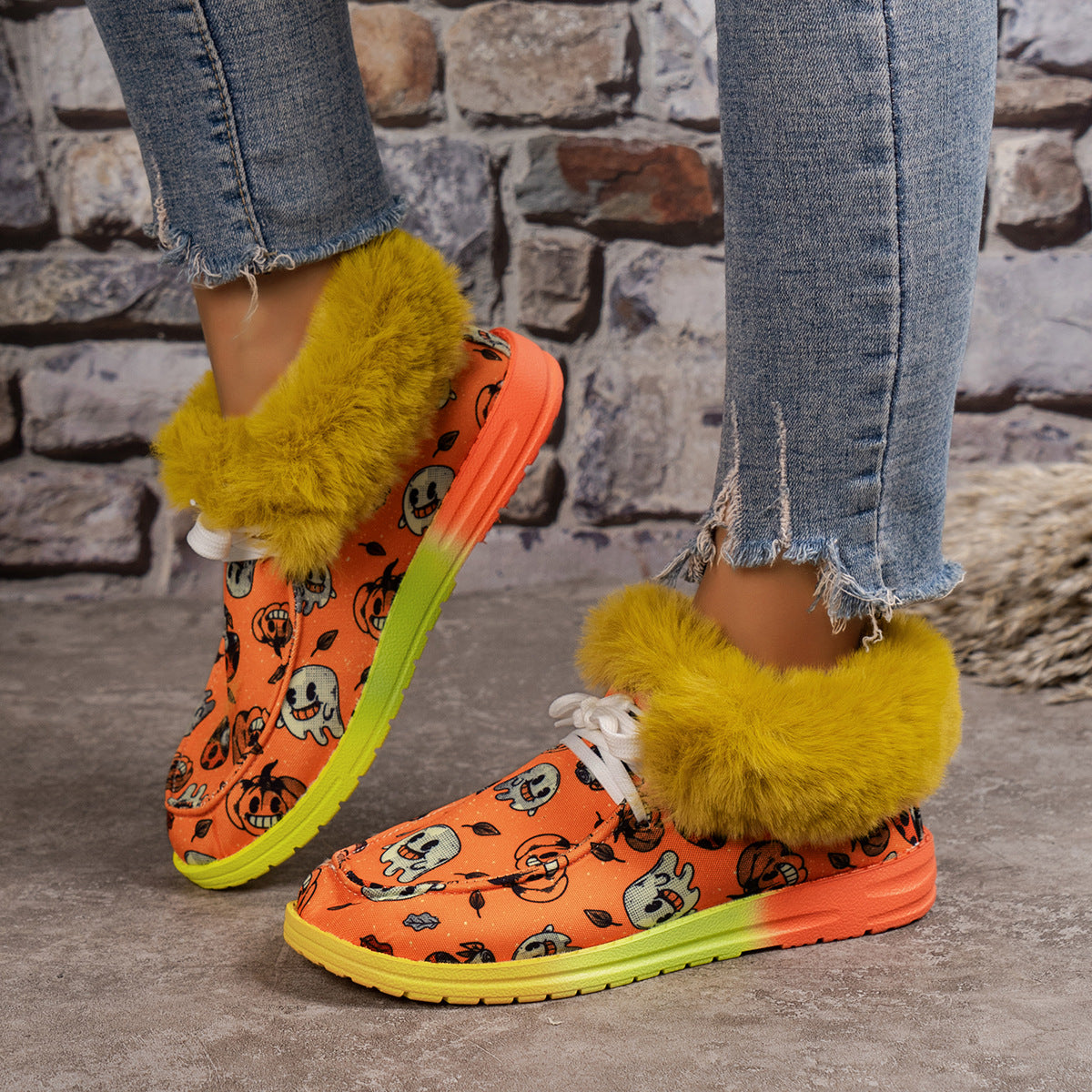 Women Halloween Ghost Pumpkin Print Short Plush Snow Boots