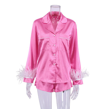 Women Fashion Loose Satin Ice Silk Long Sleeve Pajamas Set