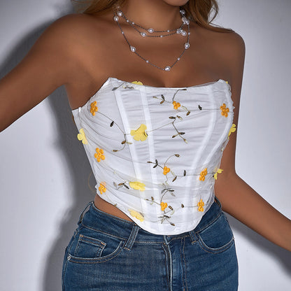 Women Fashion Sexy Floral Embroidered Fish Bone Tube Top