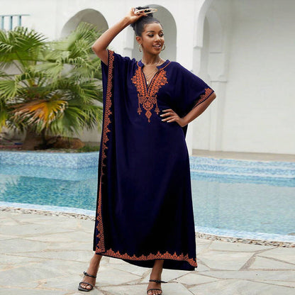 Vestido playero bohemio informal con cuello en V bordado para mujer