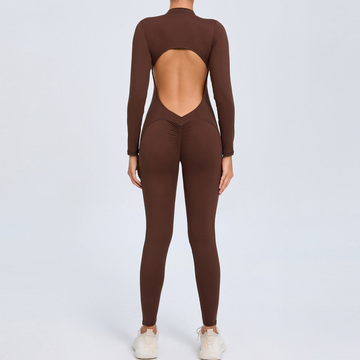 Women Fashion Solid Color Zipper Long-Sleeve Yoga Jumpsuit