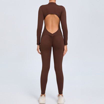 Women Fashion Solid Color Zipper Long-Sleeve Yoga Jumpsuit