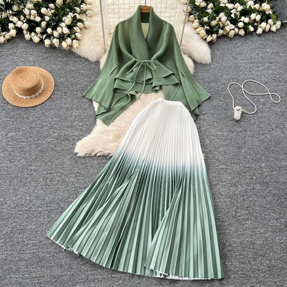 Women Gradient Color Lace-Up Blouse Pleated Skirt Set