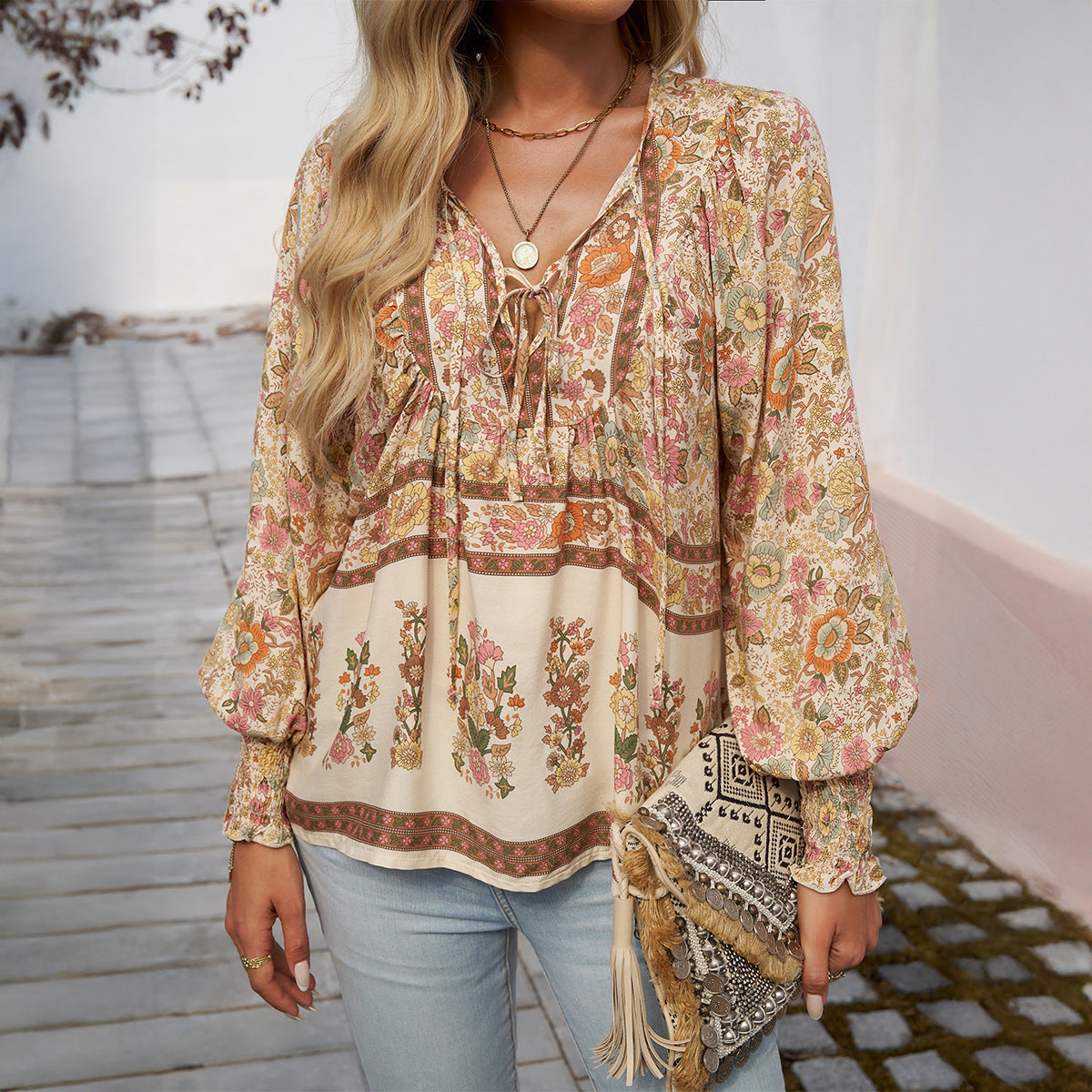Women Fashion Boho Vacation Printed V-Neck Long-Sleeve Lace-Up Blouse