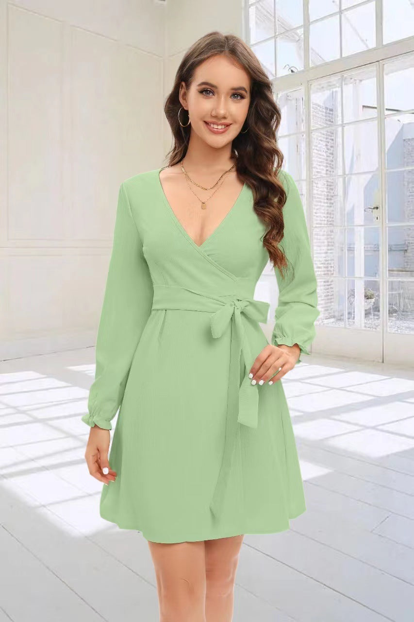 Vestido mini de manga larga con escote en V y color liso para mujer