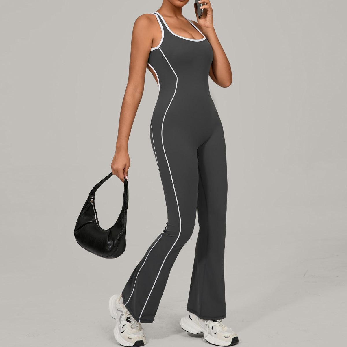 Women Yoga Contrast Stitching Backless Sports Jumpsuits