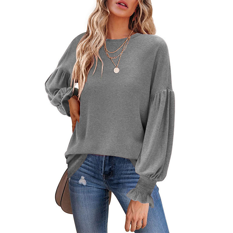 T-shirt décontracté à col rond et manches lanternes pour femme