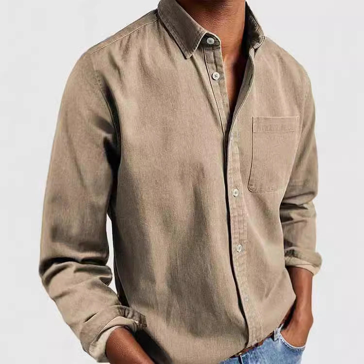 Men'S Casual Solid Color Cotton Shirt with Lapel