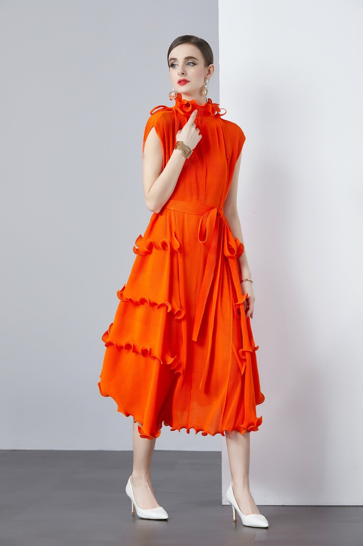 Women Solid Color Pleated Chiffon Dress