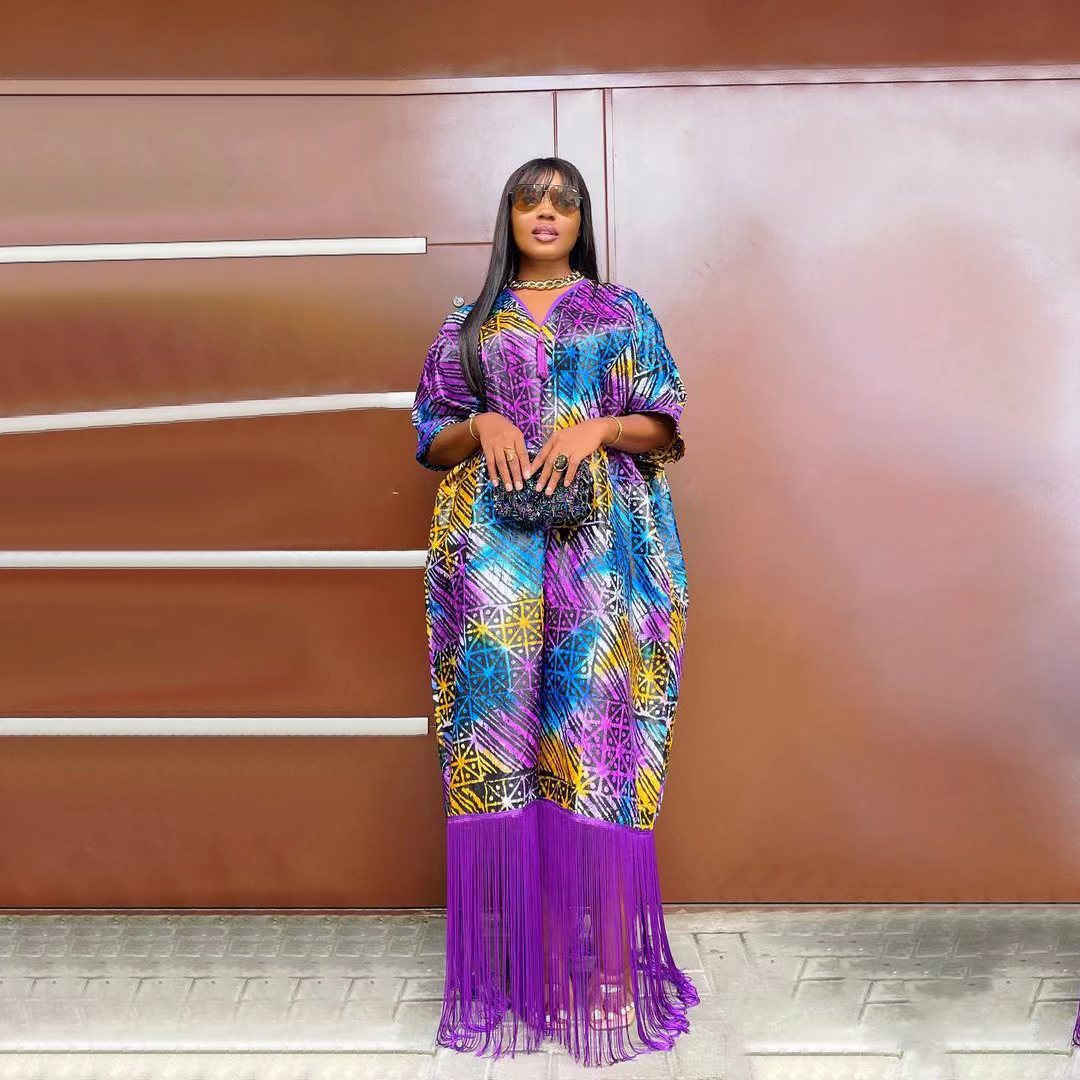 Women Fashion Boho V-Neck Tassel Loose Short Sleeve Maxi Dress