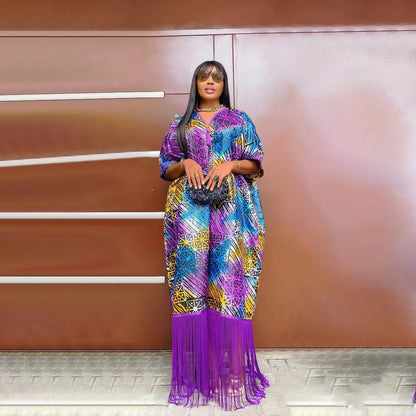 Women Fashion Boho V-Neck Tassel Loose Short Sleeve Maxi Dress