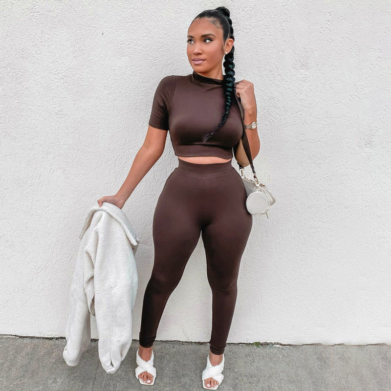 Ensemble deux pièces décontracté pour femme, haut court et pantalon en élasthanne, couleur unie