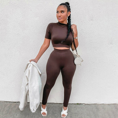 Ensemble deux pièces décontracté pour femme, haut court et pantalon en élasthanne, couleur unie