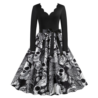 Vestido informal de Halloween con estampado de calavera y rosa para mujer
