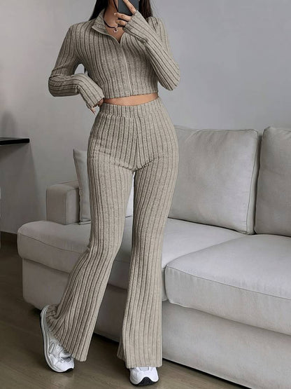 Conjunto de top y pantalón de manga larga con cremallera informal a la moda para mujer