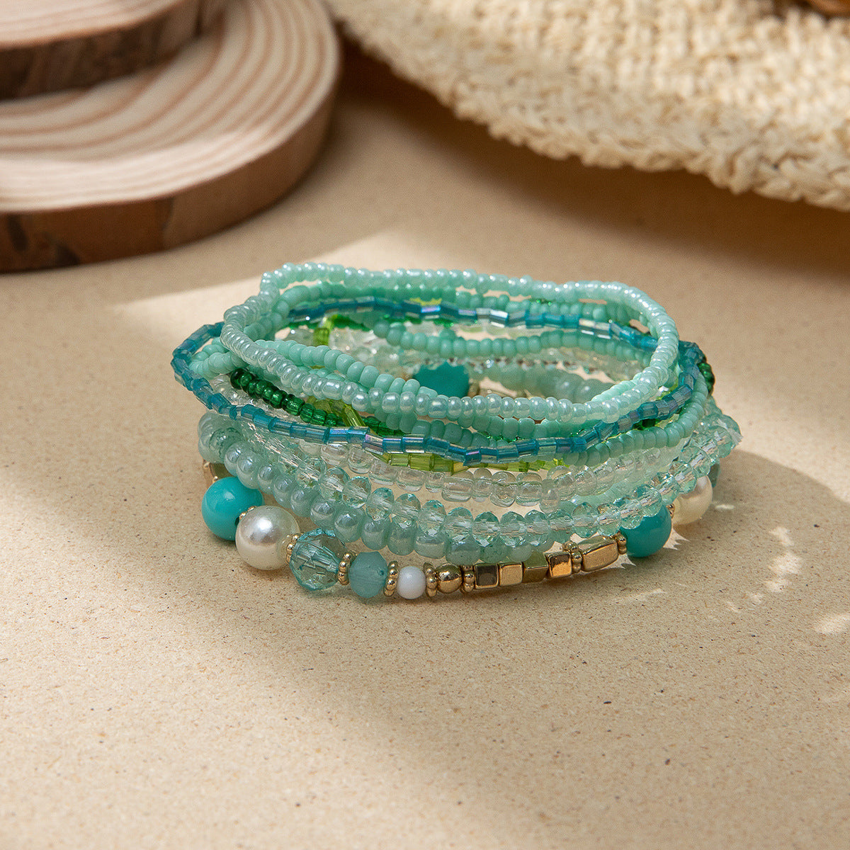 Conjunto de pulseras elásticas de cuentas de arroz multicolor bohemias
