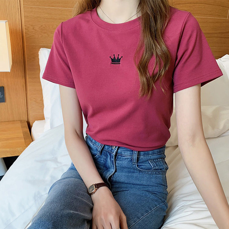 Women Fashion Casual Solid Color Embroidered Crewneck T-Shirt