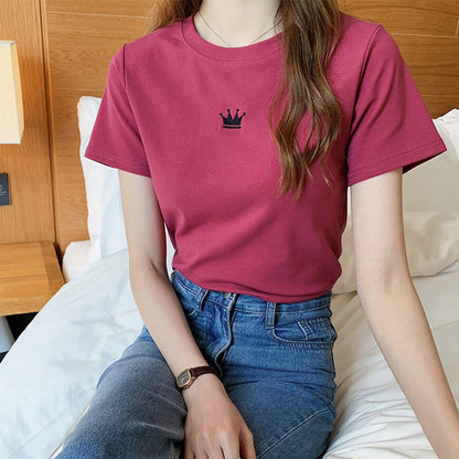 Women Fashion Casual Solid Color Embroidered Crewneck T-Shirt