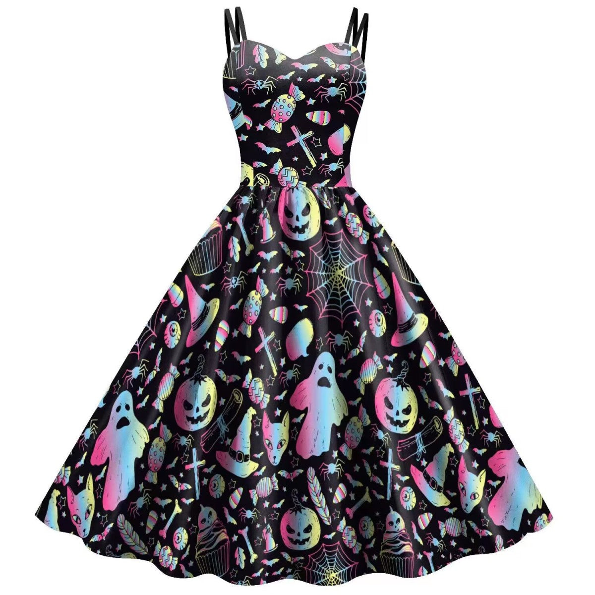Halloween Women Fashion Vintage Skull Dress With Web Print