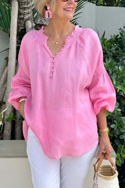 Blusa informal de color liso con cuello en V para mujer