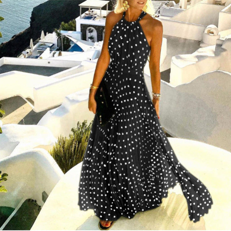 Women Fashion Casual Boho Polka Dot Printing Sleeveless Maxi Dress