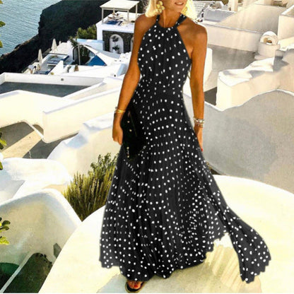 Women Fashion Casual Boho Polka Dot Printing Sleeveless Maxi Dress