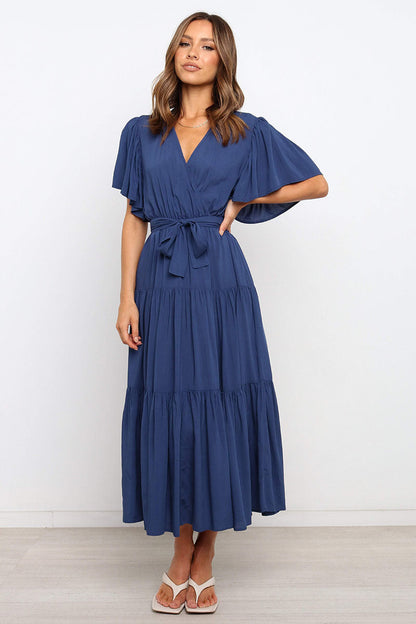Summer Women Fashion Bohemian Style V-Neck Short Sleeve Maxi Dress