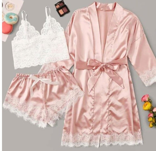 Women Elegant Sexy Lace Satin Pajamas Set
