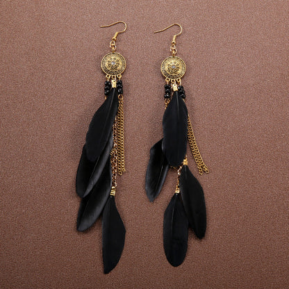 Boucles d'oreilles à pompons et plumes de style ethnique bohème rétro