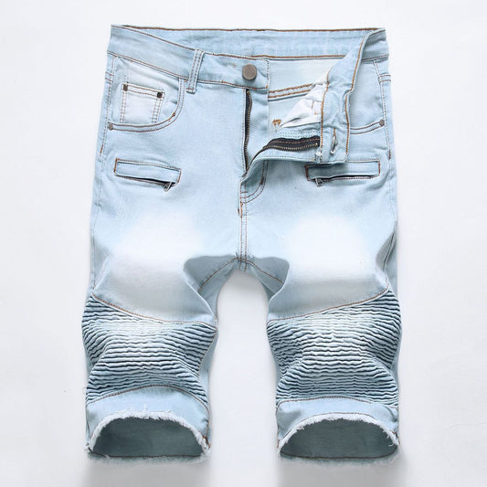 Men Fashion Casual Zipper Wrinkle Stretch Denim Shorts