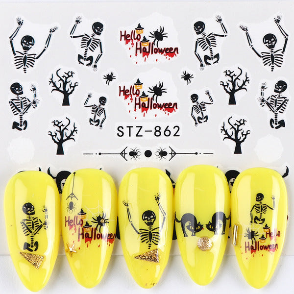 Autocollants pour ongles motif crâne et feuille d'érable pour femme, mode Halloween