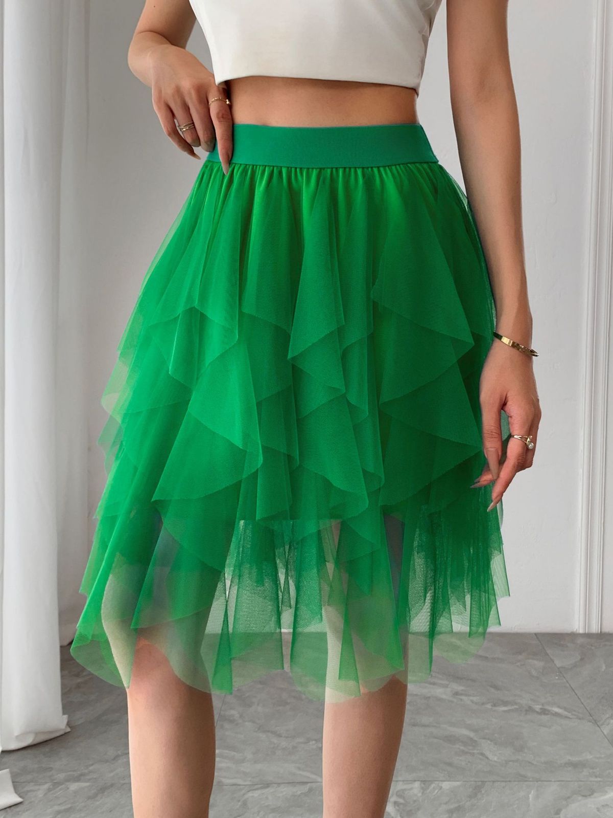 Women Fashion Solid Color Mesh Irregular Hem Skirt