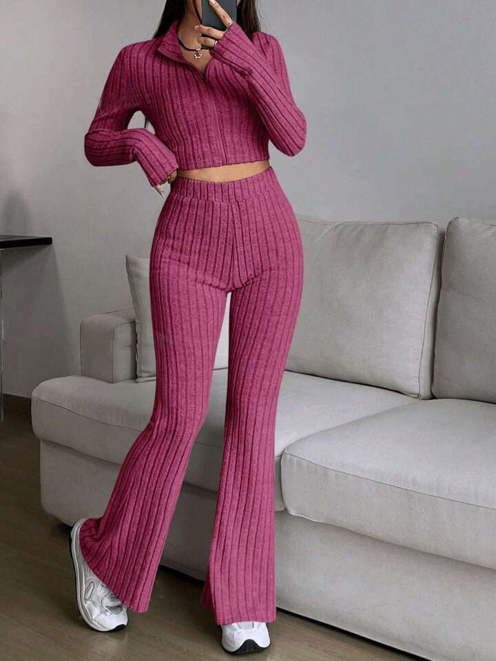 Conjunto de top y pantalón de manga larga con cremallera informal a la moda para mujer