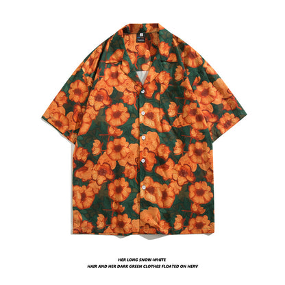 Men Casual Vintage Vacation Hawaii Tiny Flower Print Short Sleeve Lapel Shirt