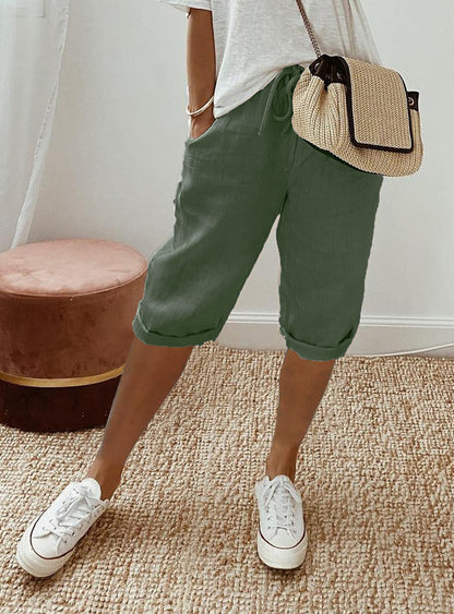 Pantalones casuales de lino y algodón de color liso a la moda para mujer