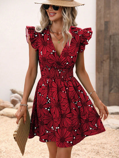 Robe fleurie à col en V pour femme, idéale pour les vacances d'été